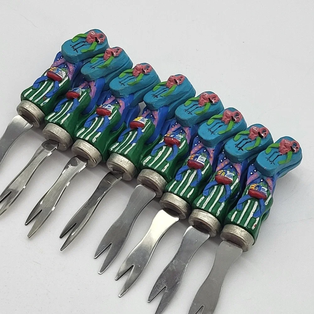 Appetizer Forks Novelty Flip Flops Flamingo & Fish Summer Cocktail Set Of 8
